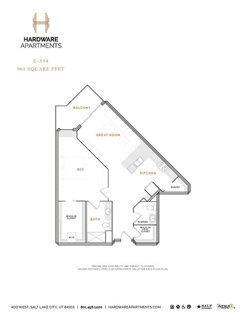 Floor plan for 1 bed, 1.5 baths, 993 sqft